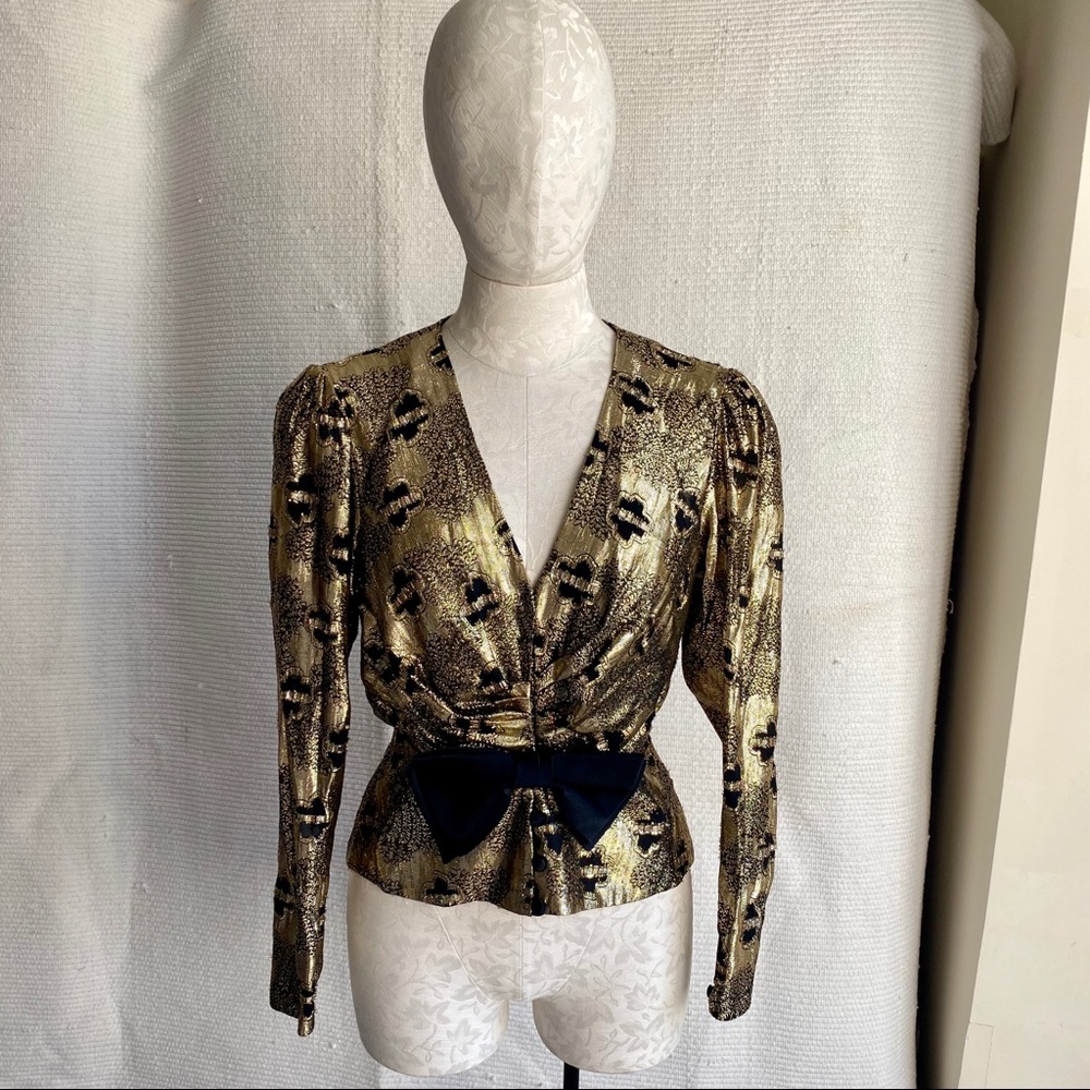 Vintage 60s 70s Metallic Top S Disco Party Blouse Black Gold Print - Picture 3 of 8
